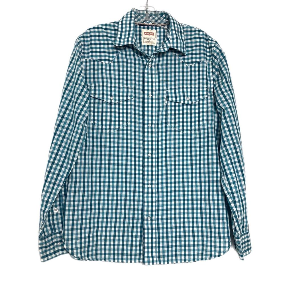 Levis Western Pearl Snap Shirt S Green Check Long Sleeve Cowboy Rodeo Ranch